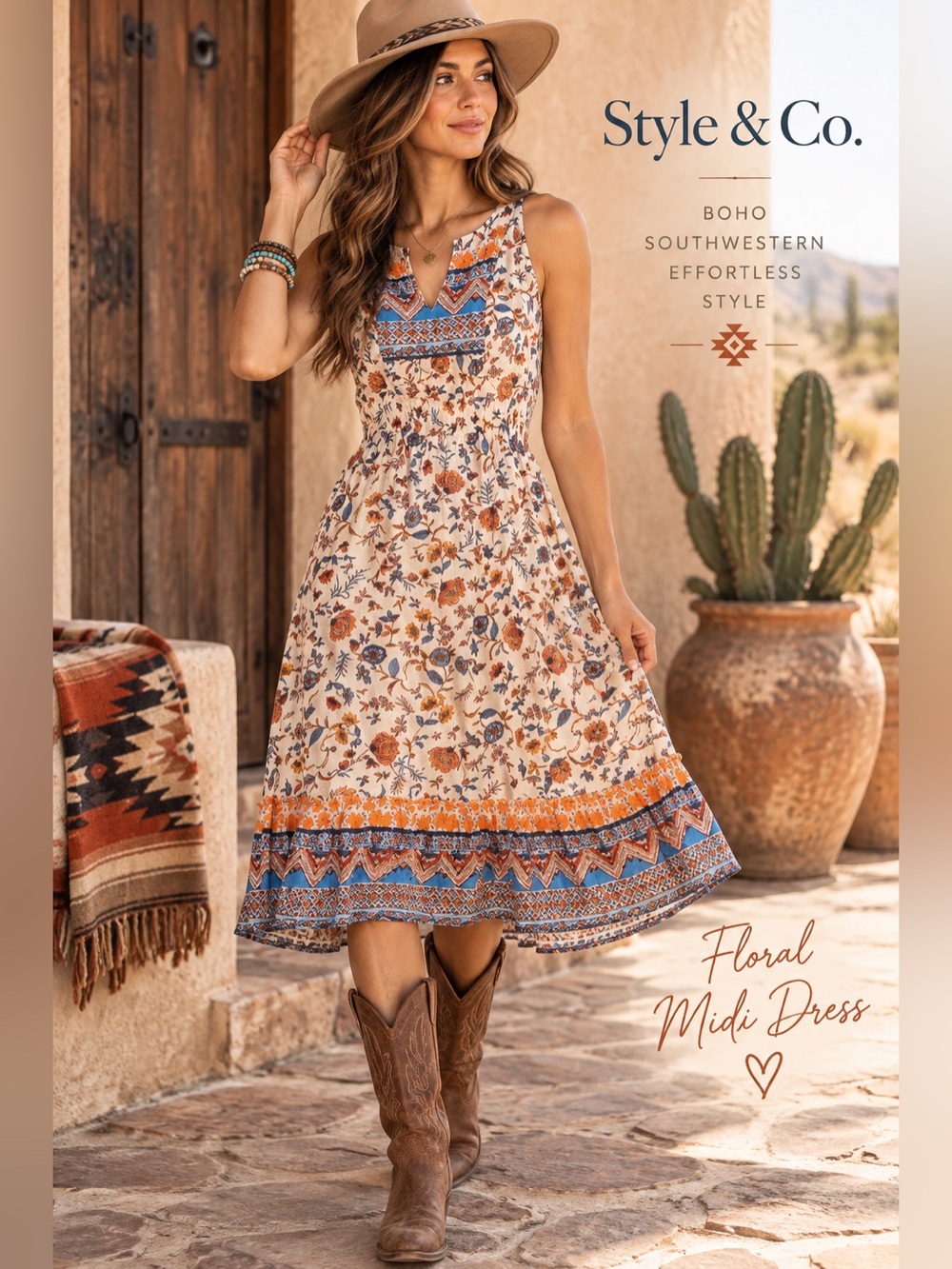 Style & Co. | Cream Floral Midi Dress with Blue & Orange Border | size M